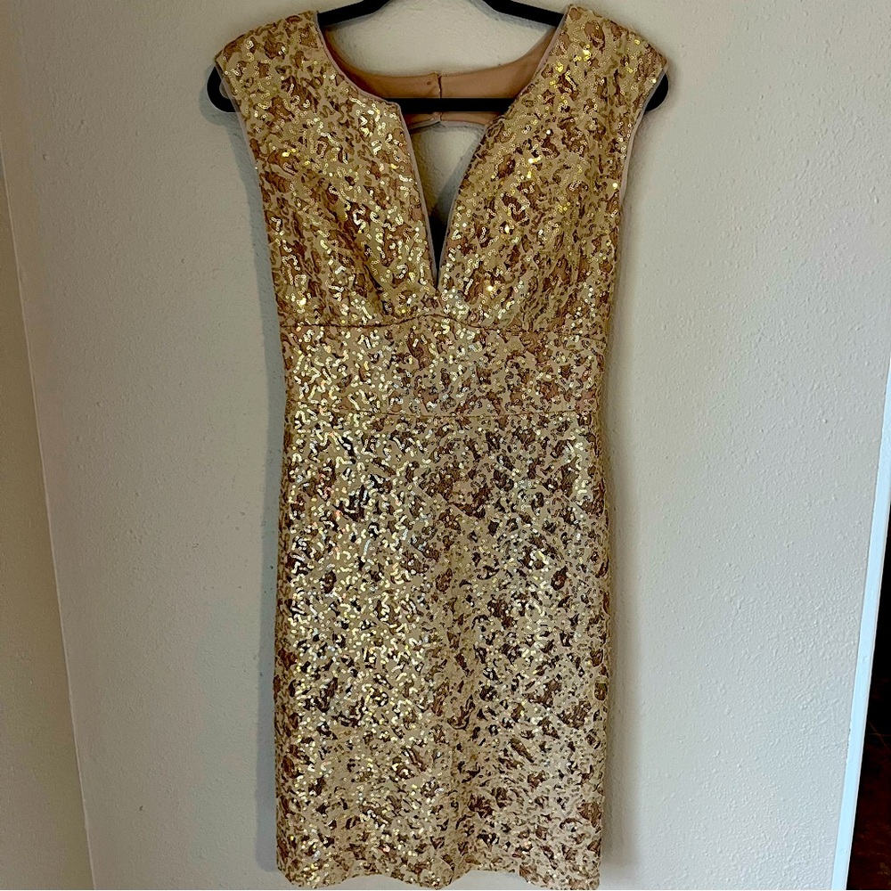 BCBGMaxAzria Gold Sequin Deep V Sheath Dress